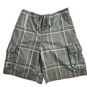 OP Ocean Pacific Board Shorts Men M 32/34 Grey/Green‎ Windowpane Cargo Swim READ